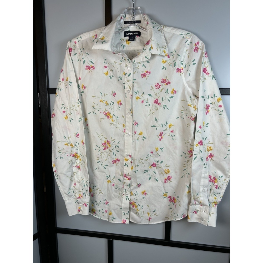 Lands End Women's Button Up White Floral No Iron Cotton‎ Blouse Size 4